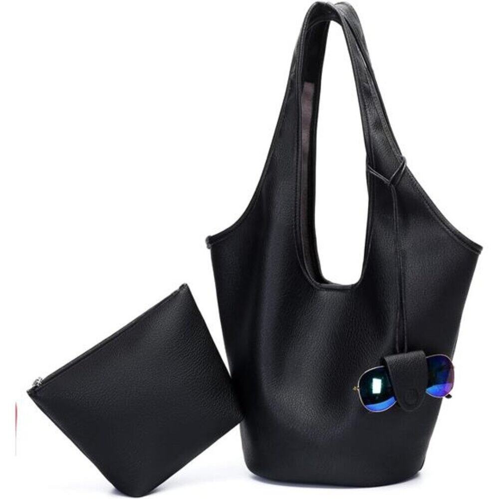 Women Slouchy Hobo Bag 2PCS Black Vegan Leather Large Capacity Shoulder Tote Bag - Picture 2 of 8